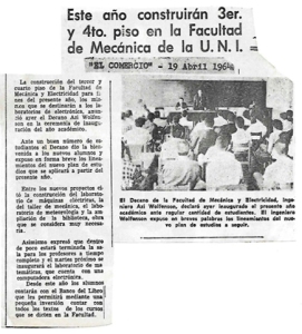 Recorte periodístico de El Comercio sobre la construcción del 3.er y 4.º piso de la Facultad Mecanica UNI.